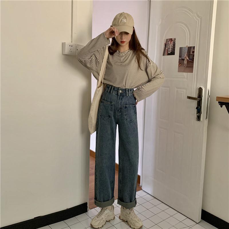Wide Leg High Waist Hong Kong Flavor Jeans Female Korean Version Loose Spring and Autumn Retro Straight-leg Pants Trendy Thin and Wild High Trousers