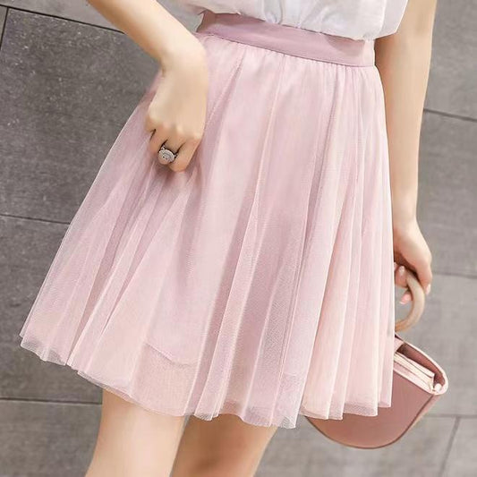 Mesh Pleated Skirt Women's Summer Skirt High Waist Sweet Tulle Skirt Solid Color All Match Loose Skirt Large Hem Dress