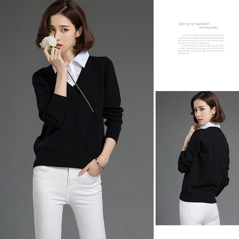 Fake Two-piece Sweater Tops Women's Lapel Pullover Sweater Outer Wear all-mach Loose Short Thick Knitted Sweater OL Style Office Ladies Workwear