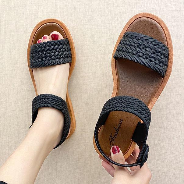 Summer Fashion Imitation Woven Buckle Strap Low heel Ethnic Style Ladies Sandals Slippers Open toe Fish Mouth Sandals Women