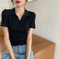 Summer Women Solid V Neck T-Shirt Casual Short Sleeve Knitted Polo Tee Tops