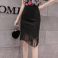 Pofulove S-2XL Women Irregular Fringe Black Skirt Anti-light Thin Bag Hip Skirts Mini A-line Skirt