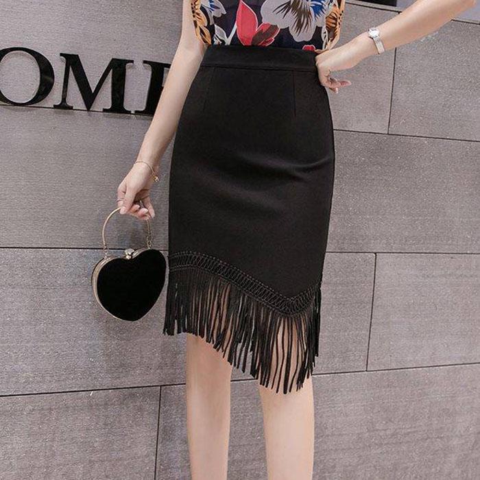 Pofulove S-2XL Women Irregular Fringe Black Skirt Anti-light Thin Bag Hip Skirts Mini A-line Skirt