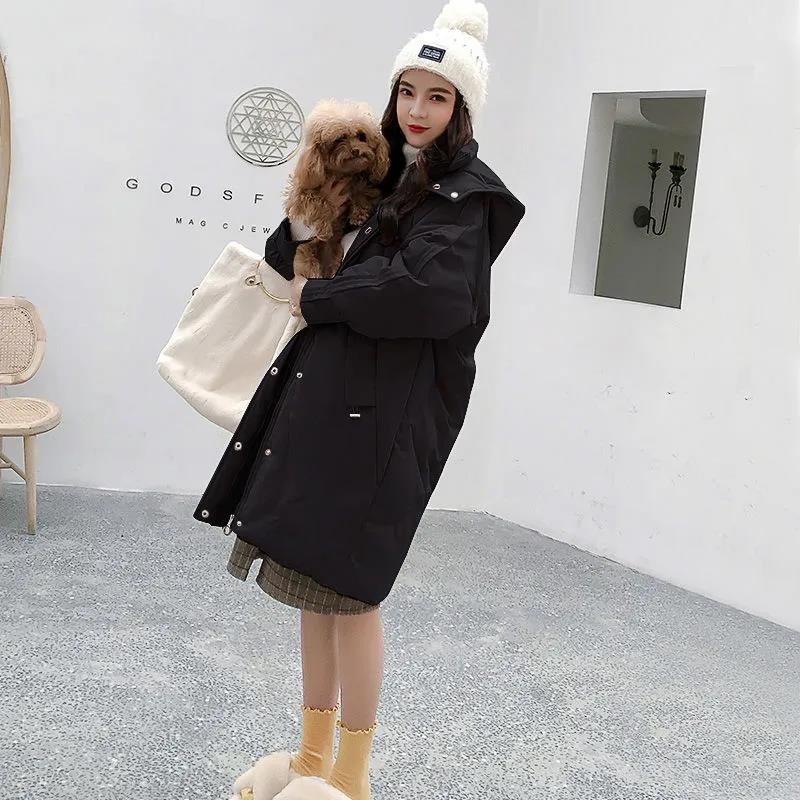 Winter Down Jacket Fashion Slim Zipper Hooded Cotton Jacket Women's Mid-length Solid Color Plus Size Down Coat