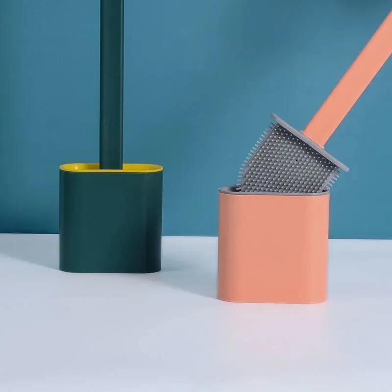 Toilet Brush Water Leak Proof with Base Silicone Wc Flat Head Flexible Soft Bristles Brush with Quick Drying Holder Set