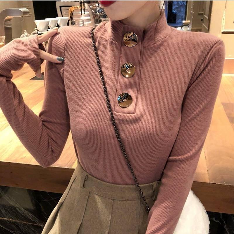 Fashion Sweater Women's Button Design Autumn and Winter Wild Slim Bottoming Sweater