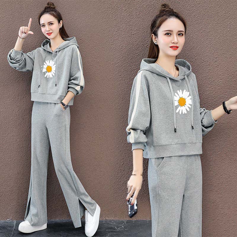 Solid Color Sports Suit Women's Cotton Spring and Autumn Leisure Sports Suit Hooded Long-sleeved Sweater Wide-leg Pants Two-piece Set
