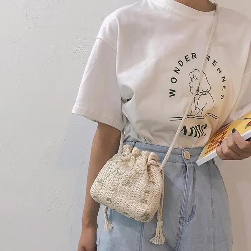 Lace Women's Straw Woven Bucket Bag Cute Summer Student Travel Vacation Beach Bag Shoulder Messenger Bag