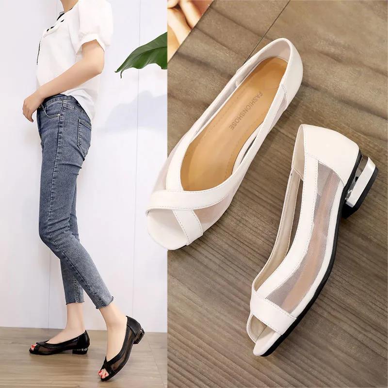 Mesh Sandals Women's Fashion All-match Single Shoes Summer Low-heel Soft Leather Fish Mouth Women's Shoes Summer Flat Shoes
