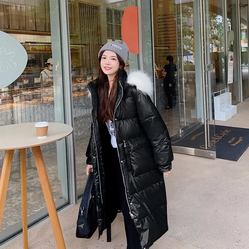 Shiny Down Cotton Jacket Fashion Color Hooded Jacket Winter Thicken Warm Long Over-the-knee Cotton Jacket Suitable for Women