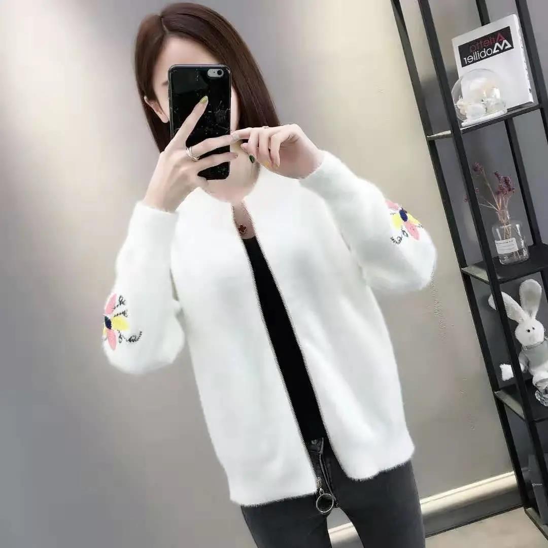 Imitation Mink Fleece Knitted Cardigan Spring and Autumn Loose Short Coat Fashion Thick Top