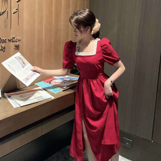 Women's Summer Simple Square Neck French Elegant Retro Waist Slim Large Long Dress