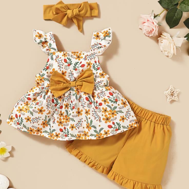 Newborn Baby Girl Clothes Set Toddler Girls Sleeveless Floral Print Suspender Tops+Ruffles Shorts Outfits Casual Infant Clothing