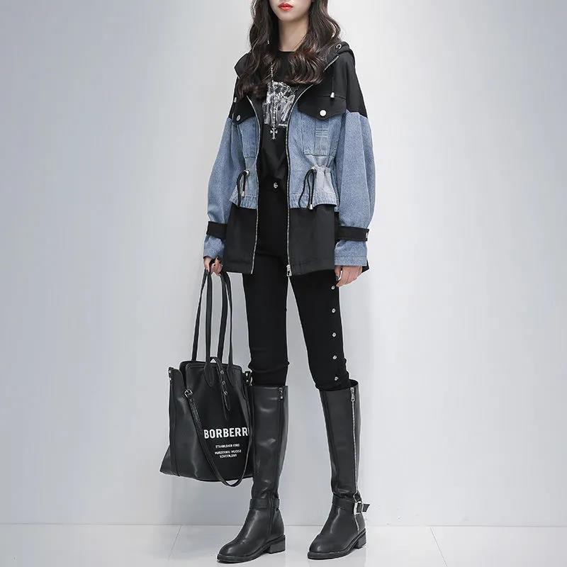 Autumn New Plus Size Women's Mid-length Hooded Windbreaker Women's Waist Slimming Stitching Denim Jacket Women's Parker