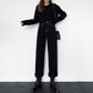 WTEMPO Black Women's Jeans Straight and Loose Crimping  Wide Leg Denim Big Pocket White Line Trousers