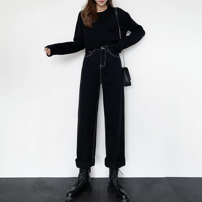 WTEMPO Black Women's Jeans Straight and Loose Crimping  Wide Leg Denim Big Pocket White Line Trousers