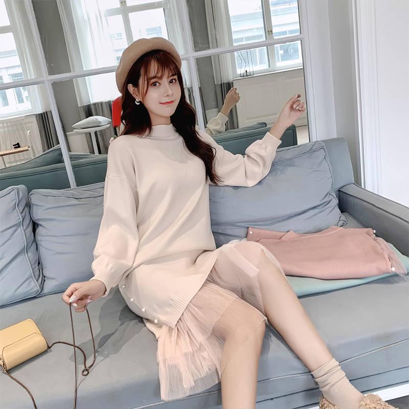 Pofulove Women Winter Sweater Dress Long Section Turtleneck Beading Lace Knitted Skirt Pullover