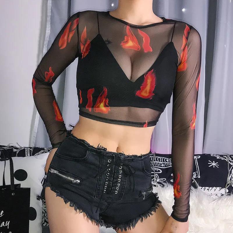 See-through Female T-shirts New Casual O-neck Sheer Mesh Long Sleeve Tee Shirts Women Spring Fall Pullover