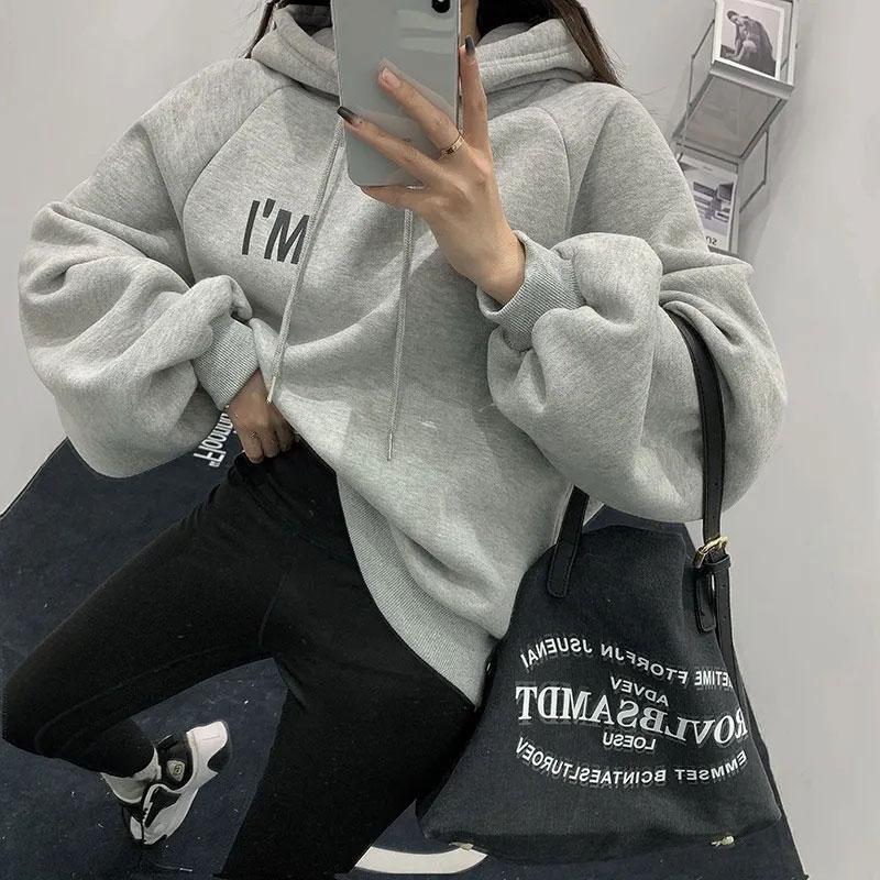 Women's Autumn and Winter Oversize Hooded Plus Velvet Thick Coat Korean Version of The Student Loose Top Ladies Ins Casual Sweater