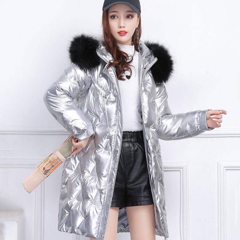 Women's Glossy Loose Down Jacket Mid-length Korean Thick Coat Warm Cotton Coat with Big Fur Collar Winter Quilted Jacket