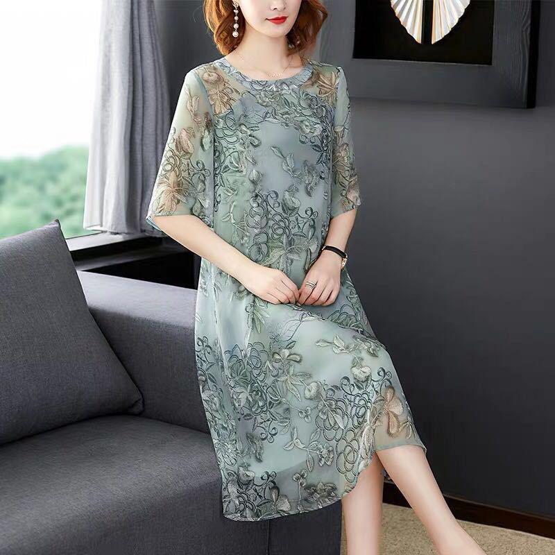 Women's Mid-length Dress Clothing Large Size Loose Chiffon Round Neck Short Sleeve Printing