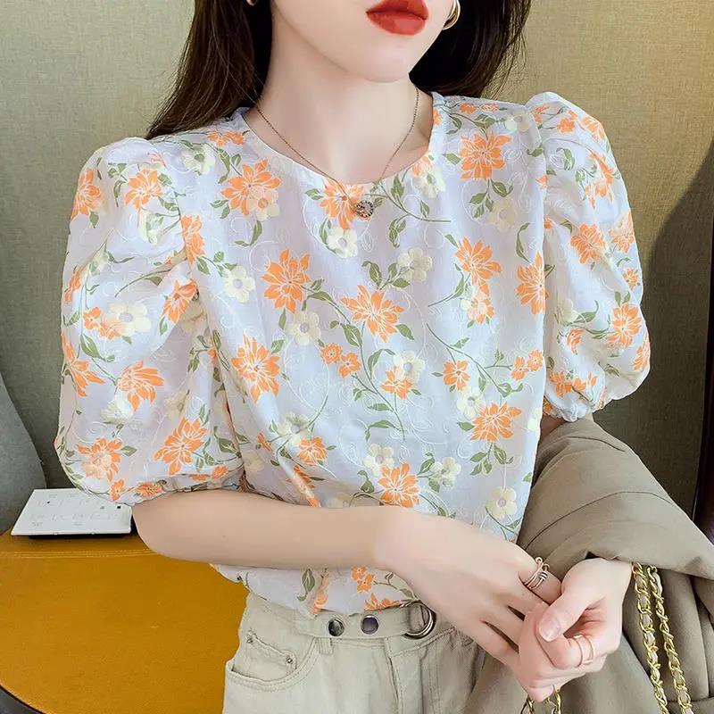 Summer Sweet Puff Sleeve Floral Shirt Women Loose Chiffon Shirt Top