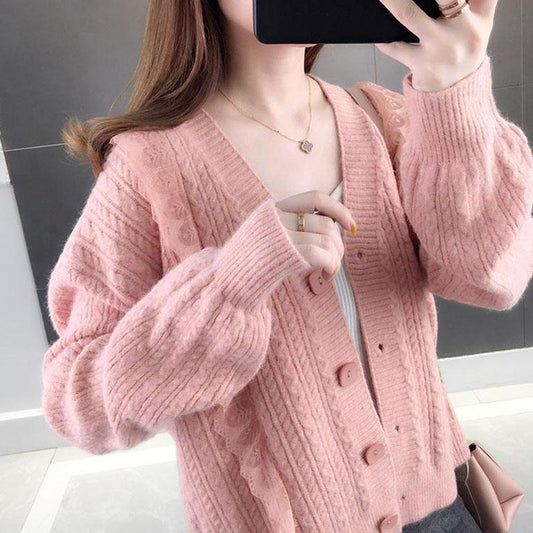 Autumn and Winter Thick Solid Color Sweater Loose V-neck Knitted Top Cardigan Casual Female Jacket