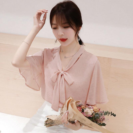 Chiffon Shirt Ruffled Short-sleeved Short-sleeved Women's Loose Plus Size Blouse Elegant and Sweet Cute Chiffon Fabric Light and Breathable