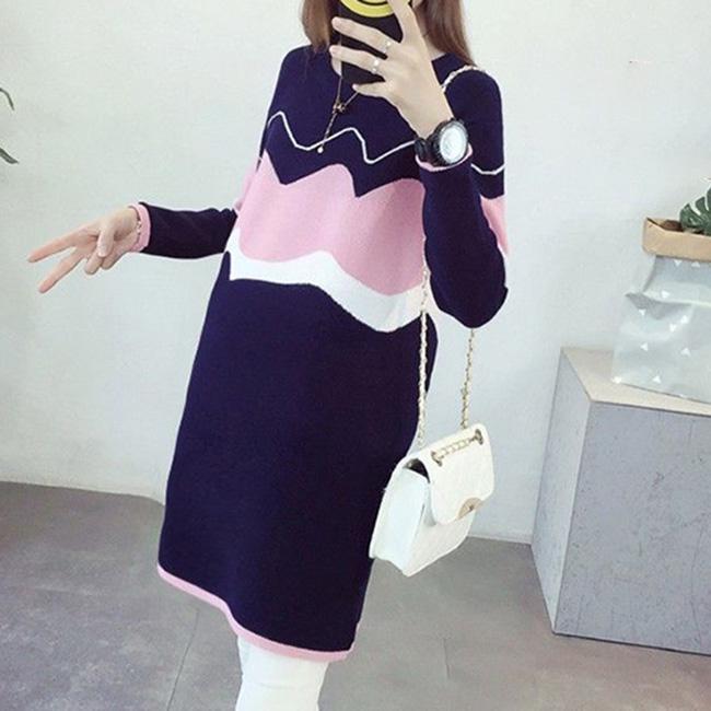 Spring and Autumn Mid-length Maternity Wear Sweater Round Neck Long-sleeved Splicing Color Base Skirt Low-neck Versatile Fashion Jacket