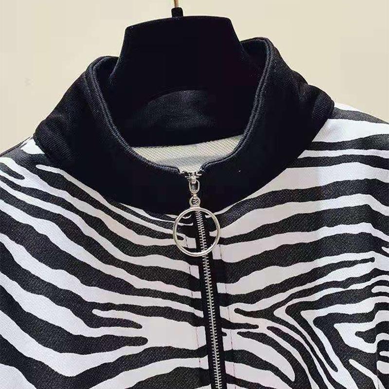 Women's Clothing Sweatshirts Spring Autumn Loose Half Zipper Stand-up Collar Female College Style Zebra Pattern Cropped Top