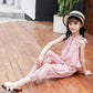 Girls' Suit Summer Thin Korean Vertical Stripe Printing Two Piece Set Bow Top Capris Casual Wear Breathable