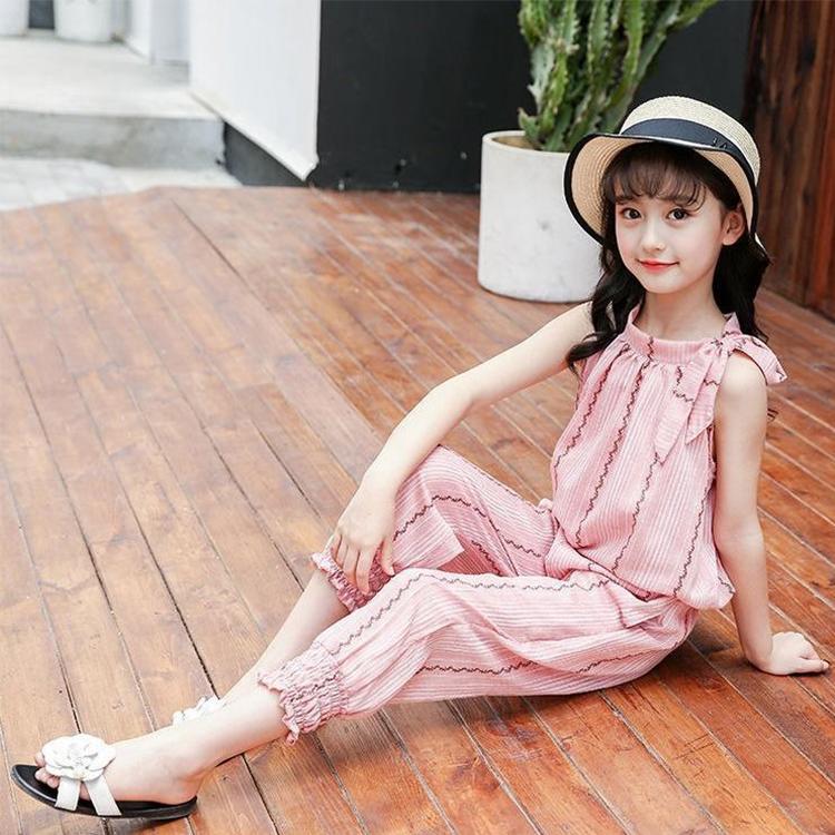 Girls' Suit Summer Thin Korean Vertical Stripe Printing Two Piece Set Bow Top Capris Casual Wear Breathable