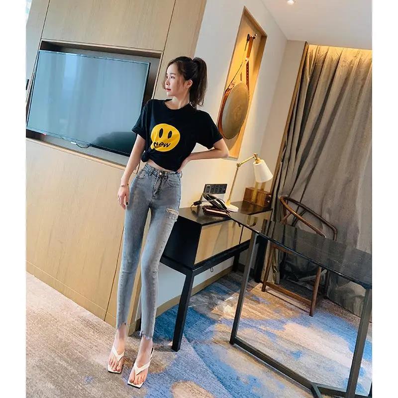 Light Blue Jeans Women's Trendy Ins High Waist Ripped Nine-point Pants 2022 Spring New Tight-fitting Skinny Pants