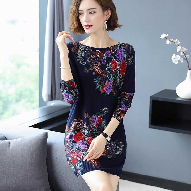 Floral Print Sweater Dress Women Long Sleeve Loose Casual Long Jumper Ladies Autumn Winter Sweater Dress