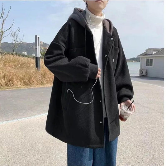 Warm Woolen Coat Mid-length Loose Casual All-match Long-sleeved Hooded Top Coat Men's Temperament Mid-length Windbreaker