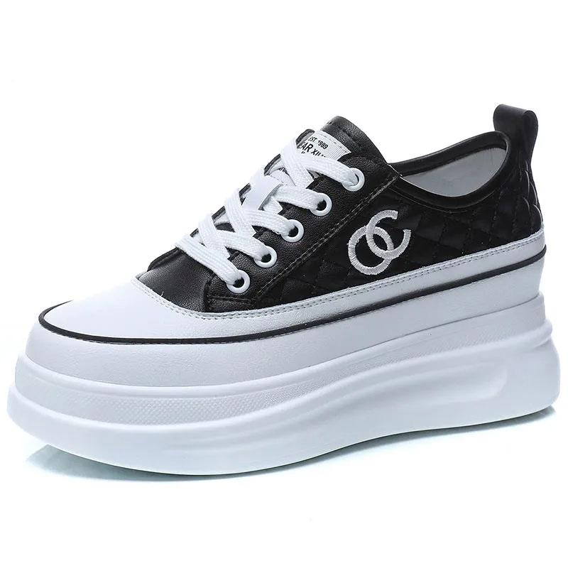 Women's Platform Shoes Sequined Shoes Leather Breathable Inner Increase White Shoes Casual Shoes Female Students' Thick-soled Shoes