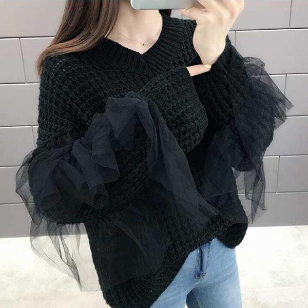 Hollow Lace Stitching Sweater Autumn and Winter Fashion Bottoming Shirt Solid Color Long-sleeved V-neck Sweater Casual All-match Top