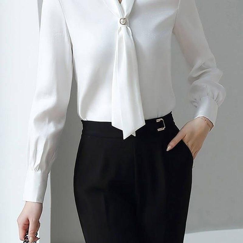 Women's Spring Autumn Long Sleeve Shirt Chiffon V-Neck Solid Color Top
