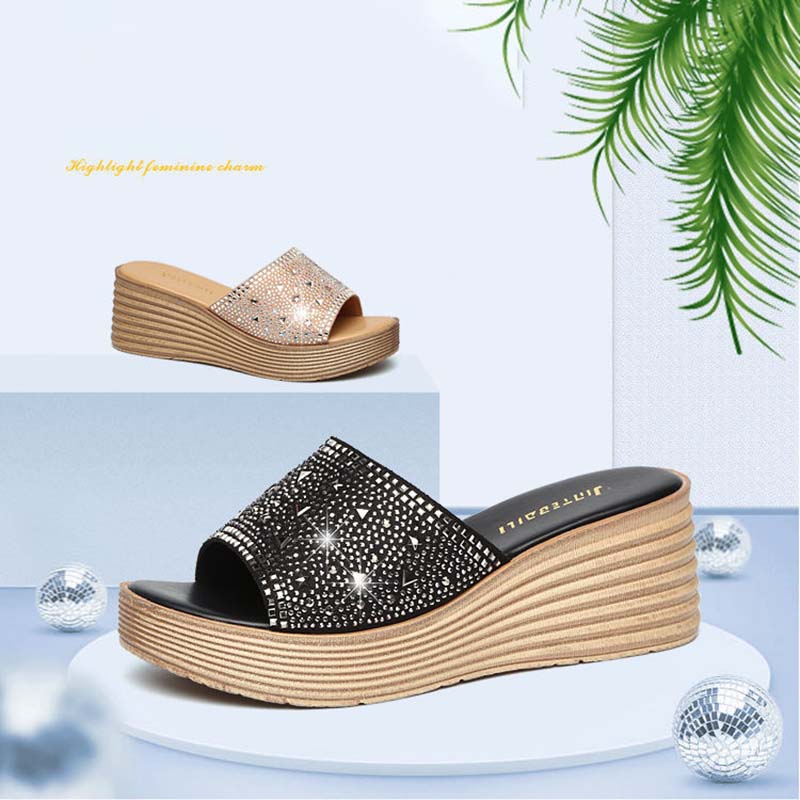 Women's Sandals and Slippers for Summer Wear Non-slip Fashion High-heeled Slope with Flip-flop Platform Rhinestone Slippers