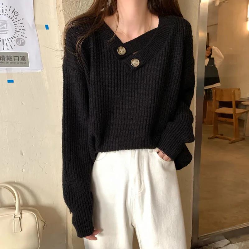 Women's V-neck Sweater Autumn and Winter Loose Outer Wear Lazy Style Solid Color Knit Sweater Pullover Mid-length Top