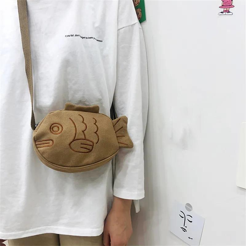 Cartoon Fish Shape Canvas Messenger Bag Cute Small Bag Wild Mini Canvas Bag Girl Student Outing Trip Crossbody Bags