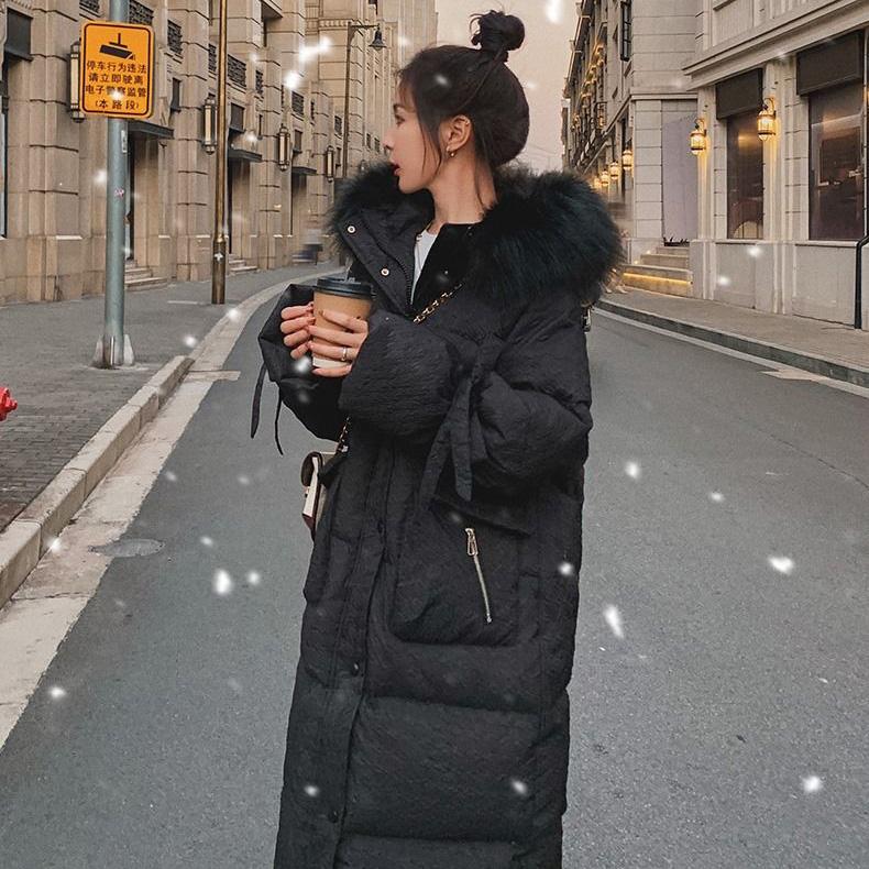 Winter New Style Loose Long Padded Jacket Padded Down Padded Jacket Coat Fluffy Big Fur Collar Over The Knee Long Down Jacket Elegant and Beautiful