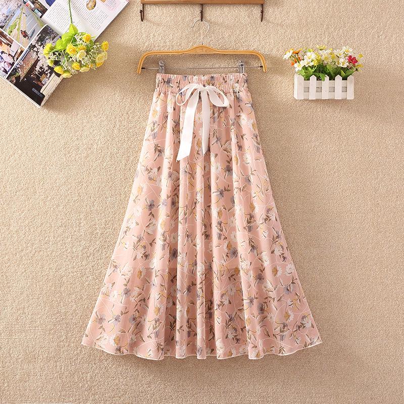 Summer High Waist Chiffon Women Midi Skirts Casual Floral Print Female Skirt Maxi Beach Skirt
