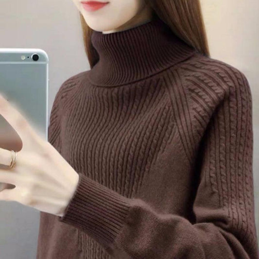Ladies Turtleneck  Women's Fall/Winter Twist Loose Solid Color Turtleneck Sweater Knitwear Women