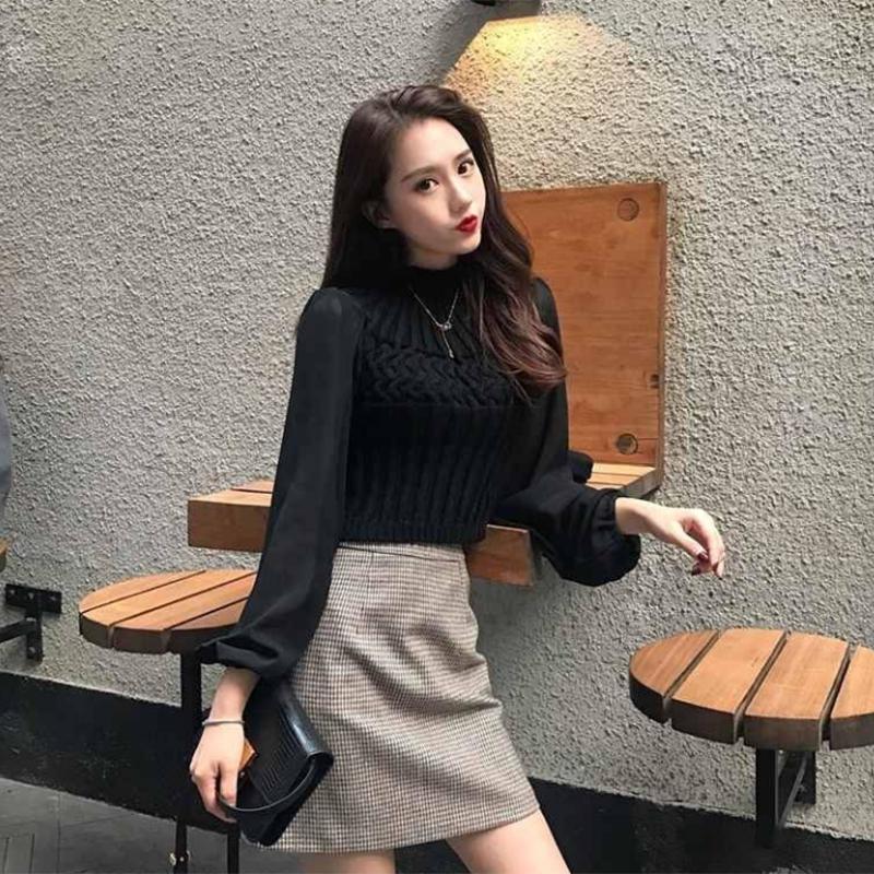 Pofulove Temperament Half Turtleneck Short Sweater Chiffon Lantern Long Sleeve Paneled Sweater