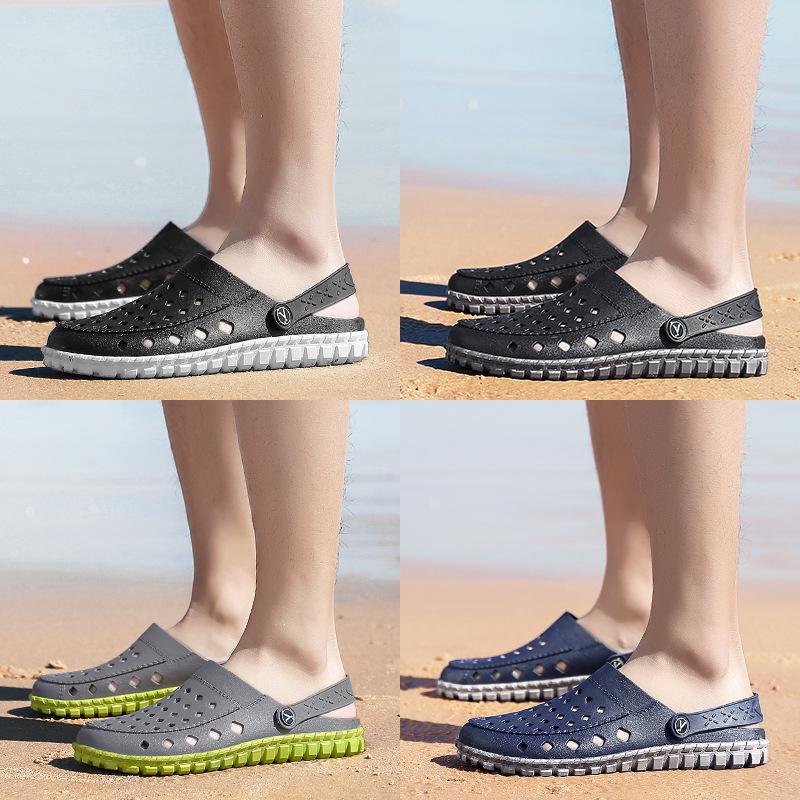 summer slippers men's outdoor sandals PVC hollow large size wading beach hole shoes