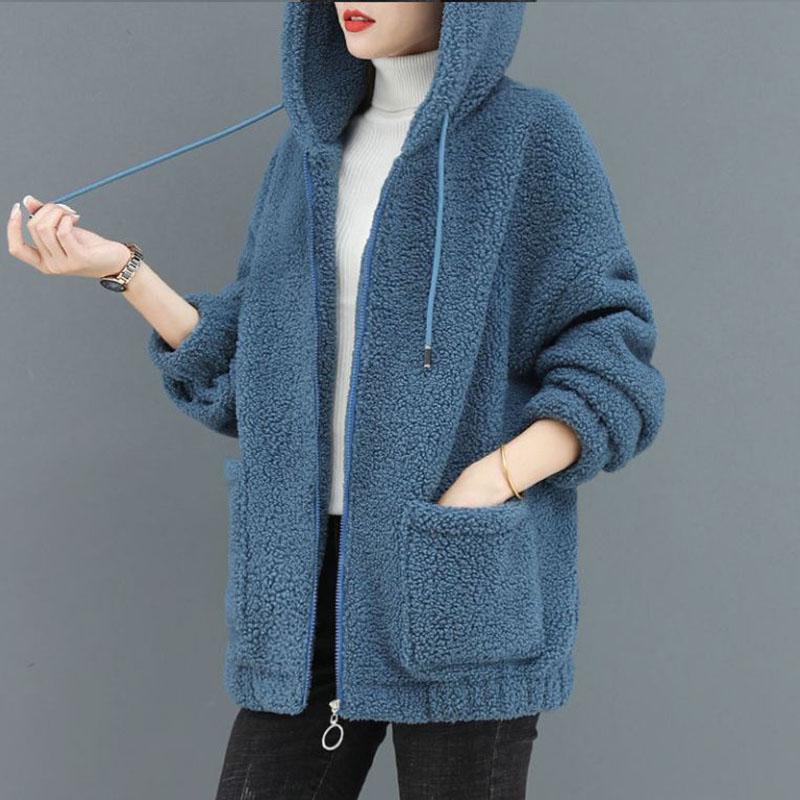 Autumn and Winter Ladies Lamb Velvet Jacket Thick and Loose Large Size Hooded Long-sleeved Zipper Jacket