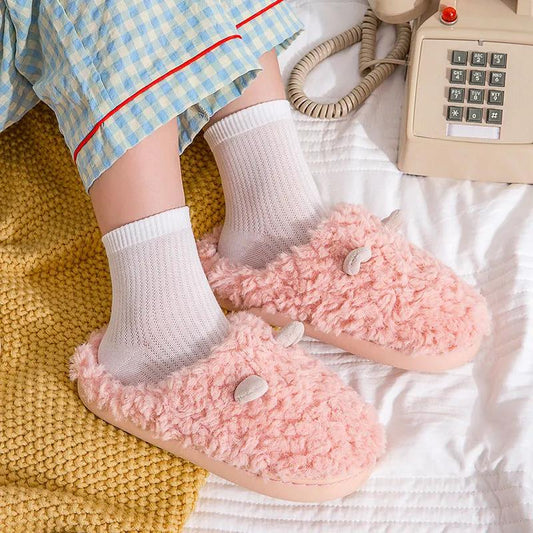 Women's House Slippers Slip-On Anti-Skid Rubbit Indoor Casual Shoes Snow Slippers Warm Thick Insole Floor Flat Shoes Winter Cartoon Footwear