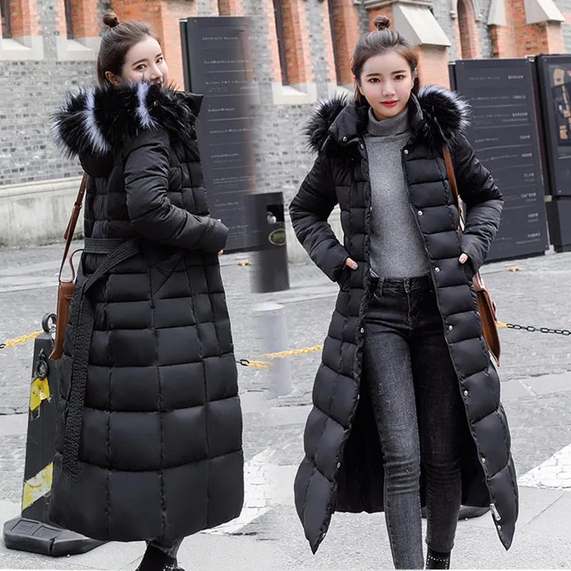 Down Jacket Winter Korean Fashion Hooded Big Fur Collar Jacket Thickened Warmth Long Over-the-knee Down Jacket
