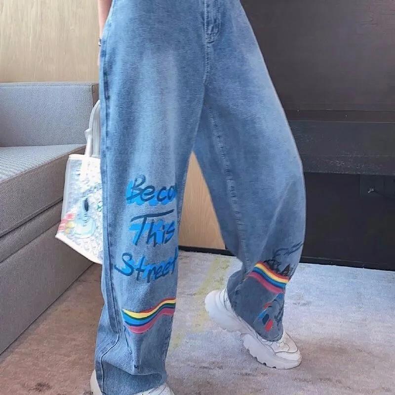 Rainbow Graffiti Spray Paint Jeans Female Korean Version Loose Retro Ins Super Casual Dad Pants Wide Leg Trousers Tide